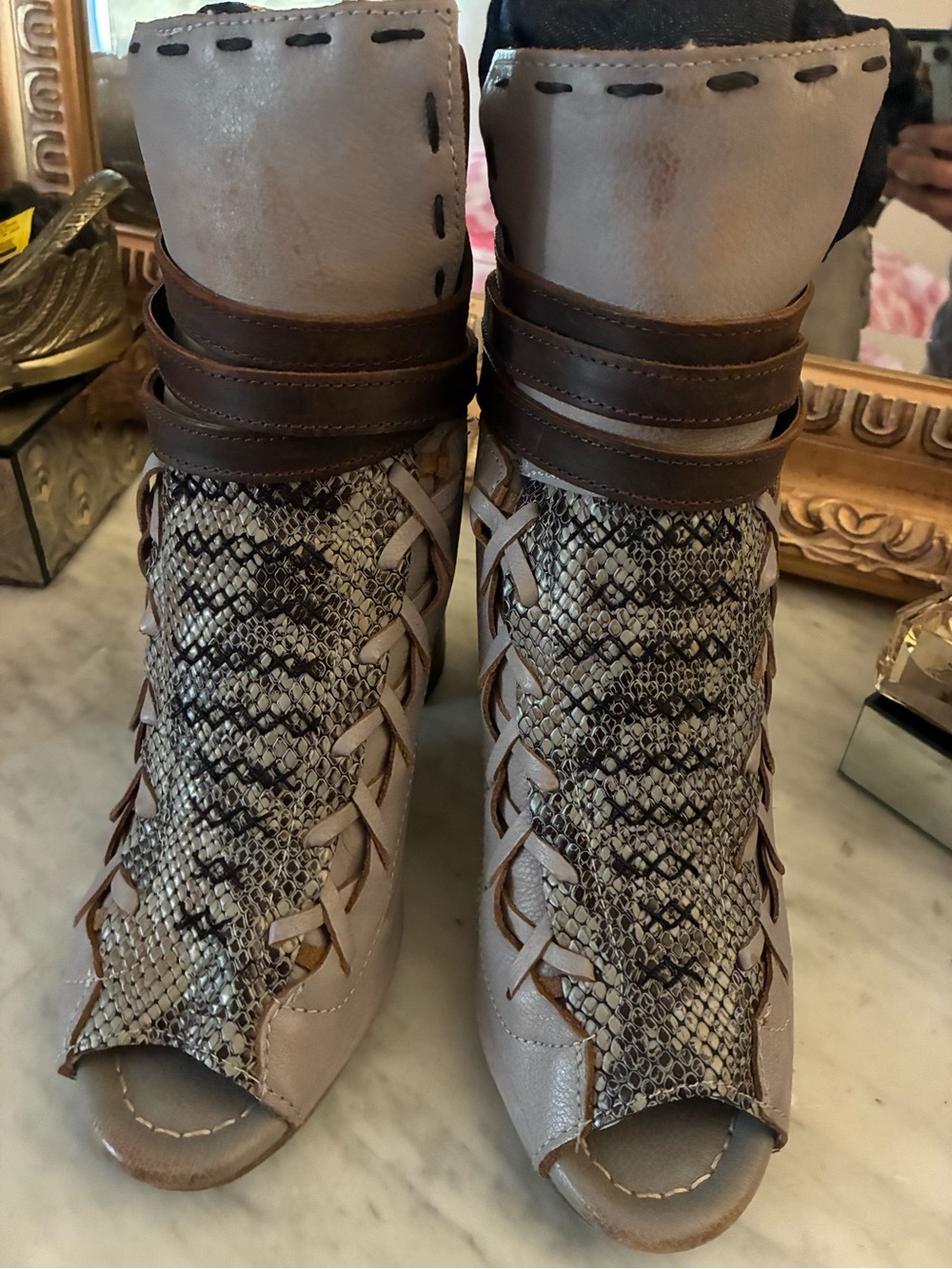 Freebird by Steven Taupe and Brown Lace-Up Peep Toe Ankle Boots with Snake Print